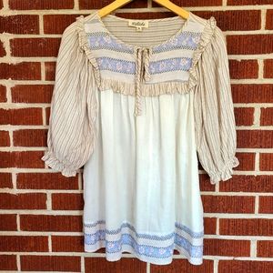Listicle Detailed Boho Balloon Sleeve Oversized Ruffle Tie linen Ribbon Top